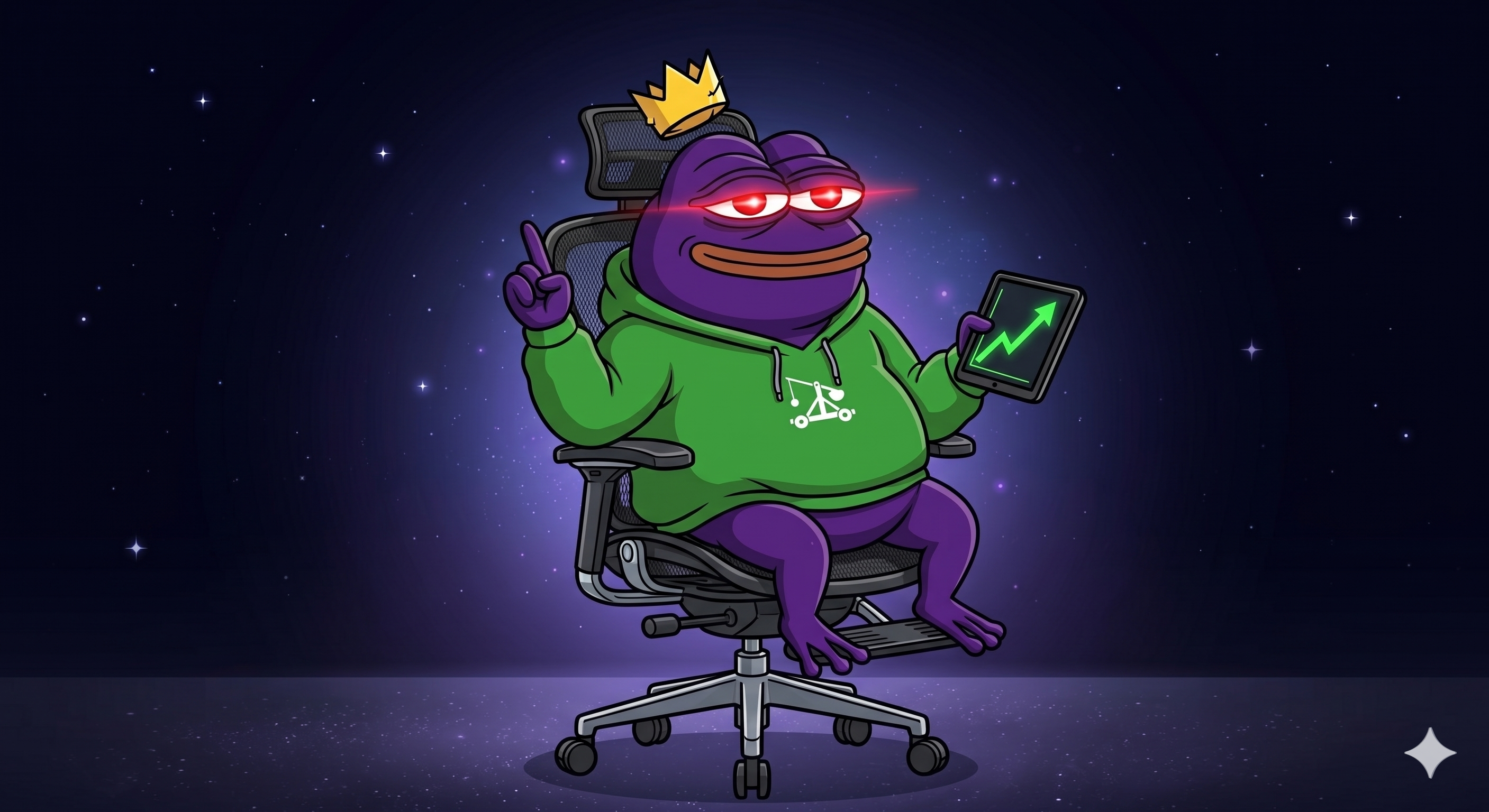 Catapult CEO frog mascot — purple frog in gaming chair with crown and laser eyes
